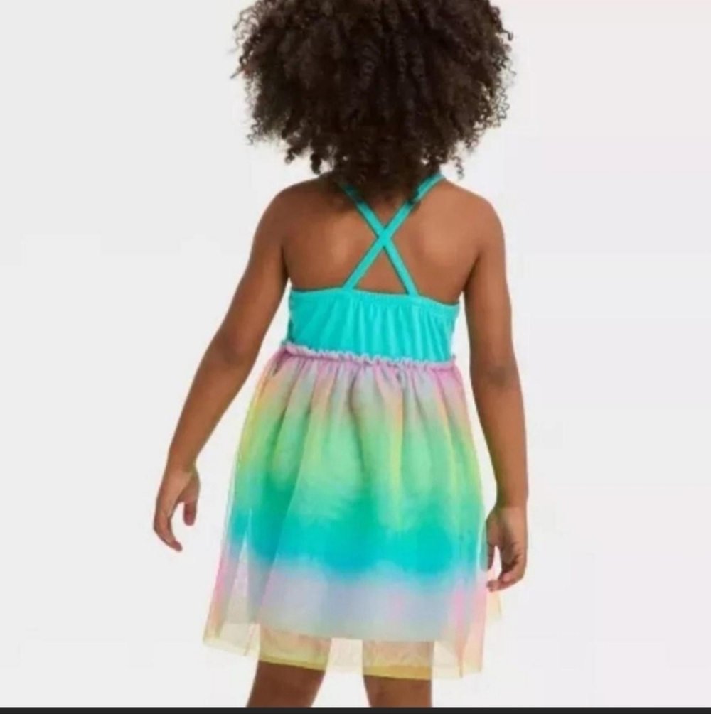 Toddler Girls' Cat & Jack Turquoise Rainbow Tulle Dress Size 12M - Picture 2 of 11